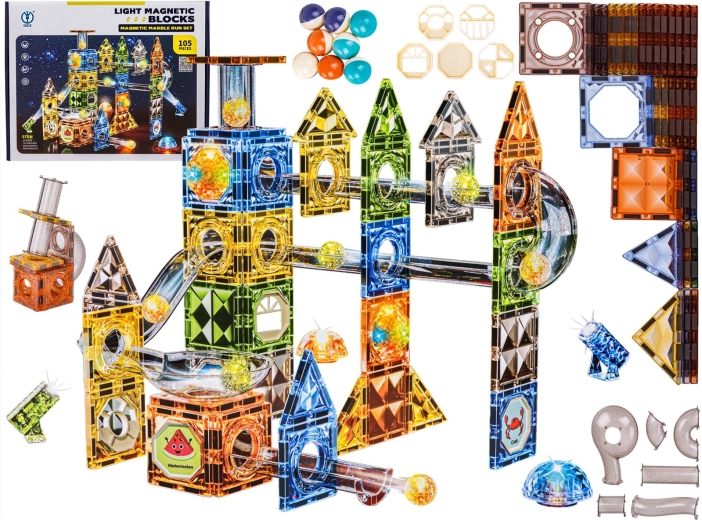 Magnetic building blocks with a ball track and glowing elements (142 pieces)