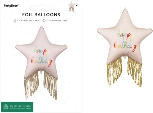 Foil star-shaped balloon Happy Birthday with gold tassels
