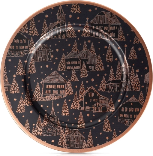 Decorative plate charger, black with copper pattern, 33 cm