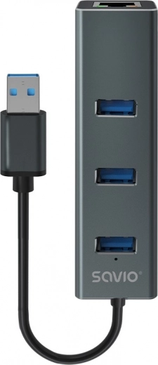 Savio USB-A 3.1 Gen 1 Hub mit 3 Ports und RJ‑45 Gigabit‑Ethernet‑Adapter