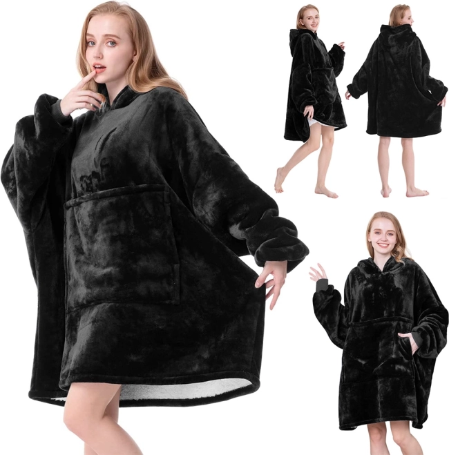 Couverture portable à capuche – sweat oversize en polaire douce, noir