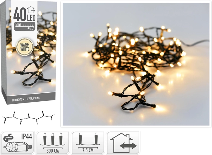 Éclairage LED de Noël de 3 m, 40 LED, blanc chaud, IP44