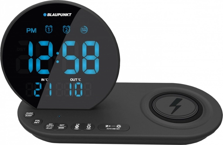 Radio-réveil FM avec charge sans fil Qi et capteur de température – noir