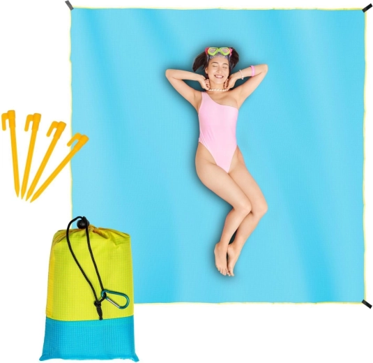 Waterproof beach mat and picnic blanket 210 × 200 cm blue with yellow trim