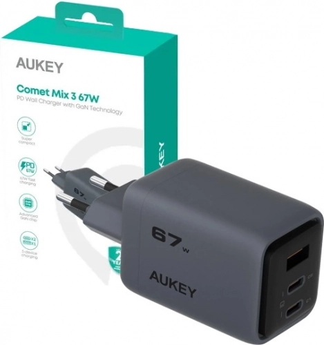 Aukey PA-C3 Comet Mix 3 GaN chargeur secteur ultra rapide 67 W 3x USB (2x USB-C et 1x USB-A)
