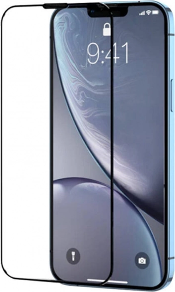 Gehärtetes Glas mit schwarzem Rahmen und Staubfilter für iPhone 15 Pro Max