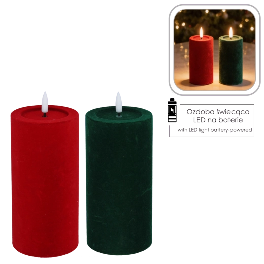 Bougie LED à flamme vacillante, velours rouge-vert 7,5 × 18,5 cm - 1 pièce