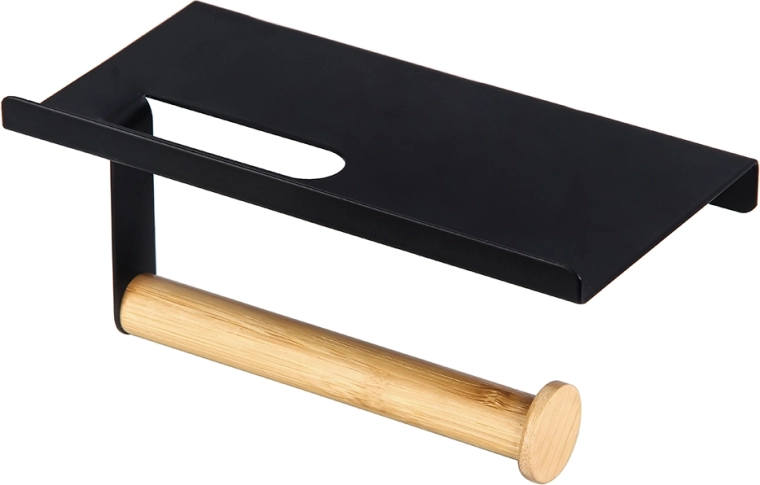 Wall-mounted metal toilet paper holder with phone shelf, black