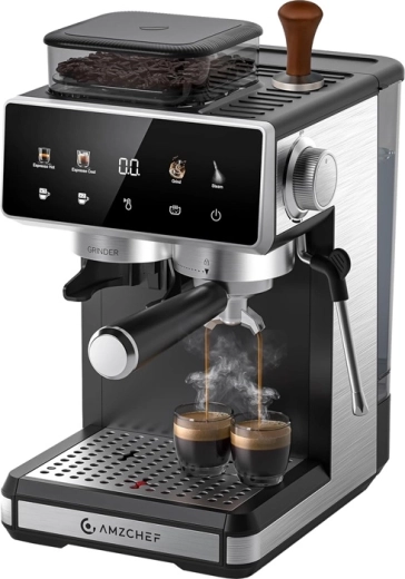 AMZCHEF espressomachine met hendel en ingebouwde molen, 20 bar, zilverkleurig