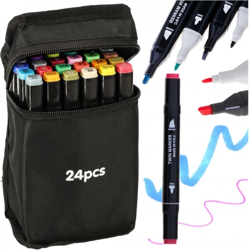 Tweekleurige alcoholmarkers in etui, 24 kleuren + standaard
