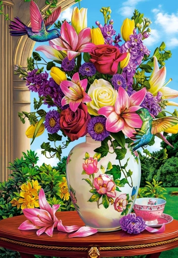 1500-Piece Puzzle Vase with Flowers – Hummingbirds
