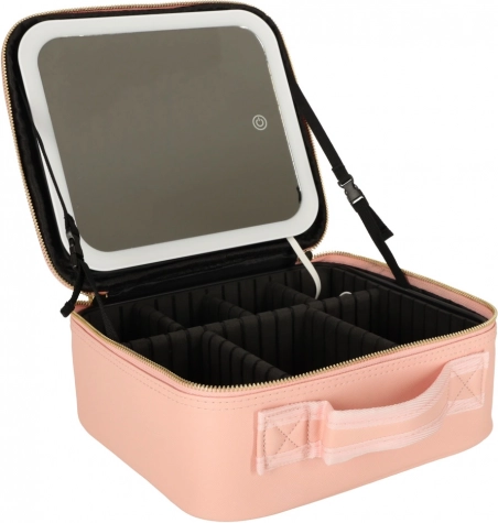 Trousse de maquillage de voyage avec miroir LED et grossissement 10×, rose