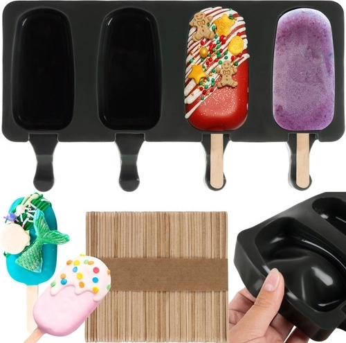 Moule en silicone pour sucettes glacées avec 4 compartiments + 50 bâtonnets en bois