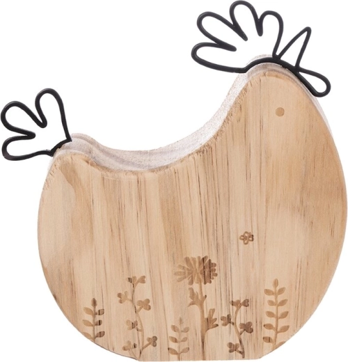 Décoration Poule en bois et métal avec fleur, marron