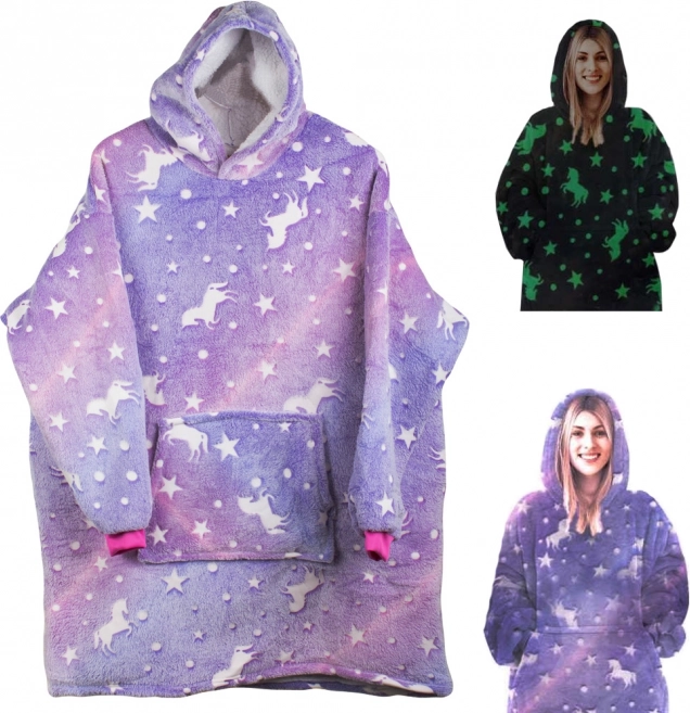 Radiant oversized hoodie blanket with hood, purple with unicorns