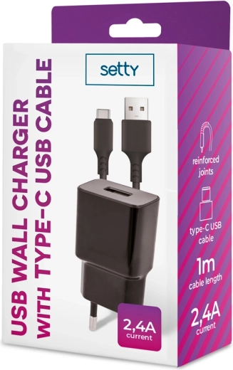 Setty Netzladegerät 1× USB 2,4 A schwarz + USB‑C Kabel 1 m