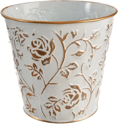 Cache-pot en métal avec motif de roses blanc/doré 12 × 12 × 13 cm