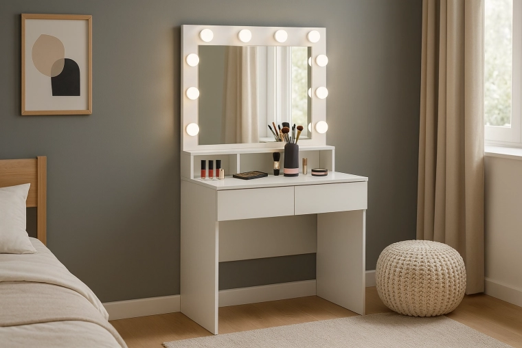 Coiffeuse cosmétique blanche avec miroir LED et compartiments