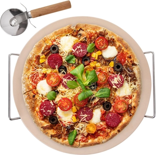 Pierre à pizza en chamotte avec support et coupe-pizza, ensemble 3 pièces