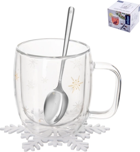 Doppelwandiger Thermobecher aus Borosilikatglas Double mit Schneeflockenmotiv 380 ml mit Löffel und Untersetzer