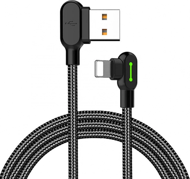 Abgewinkeltes USB-Lightning-Kabel mit LED, 1,8 m, schwarz