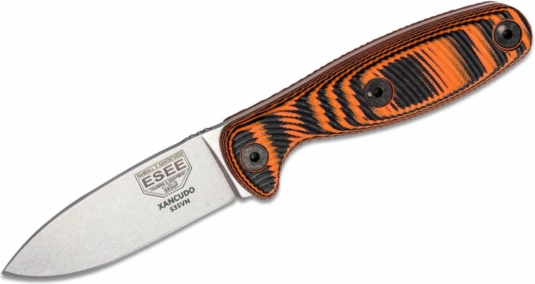 ESEE Xancudo couteau outdoor fixe 7,5 cm, stonewash, G10 noir‑orange, étui Zytel