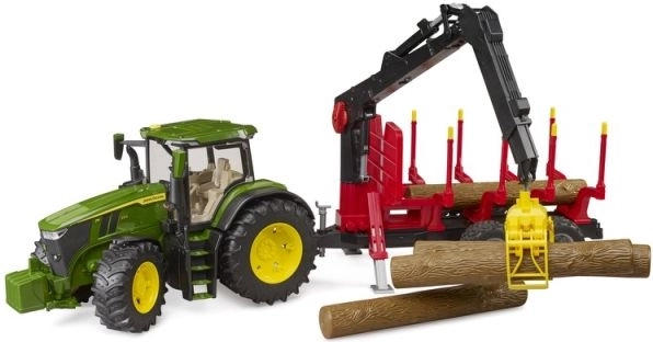 Bruder tractor John Deere 7R 350 met bosbouwaanhanger en 4 boomstammen