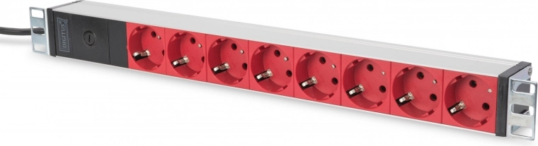 Barrette d’alimentation pour rack 19″ DIGITUS, 8× prises Schuko rouges, entrée C14, câble 2 m, 10 A, aluminium