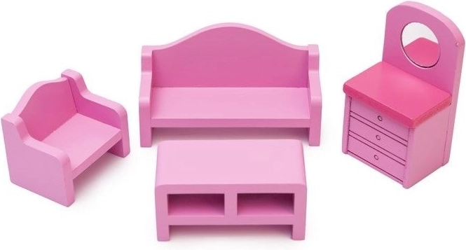 Houten roze meubelset voor een poppenhuis