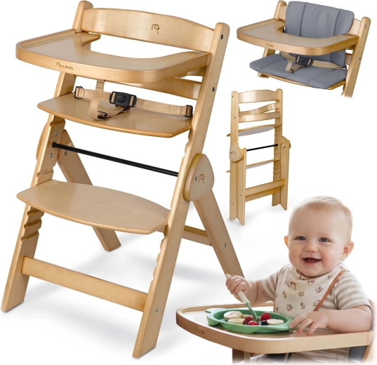 Nukido Timo chaise haute en bois pliable avec plateau amovible et rembourrage