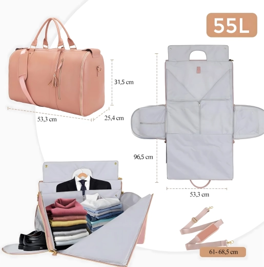 Foldable 2-in-1 travel bag 55 L with garment cover for suit/dress, water-resistant