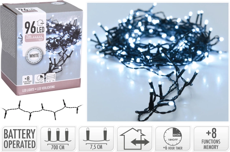Christmas LED lights 7 m, 96 LEDs, cool white, 8 functions, with timer