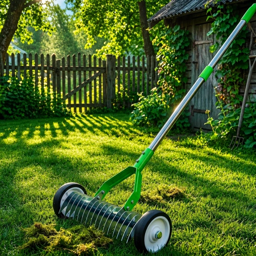 Manual lawn aerator and scarifier on wheels with gloves