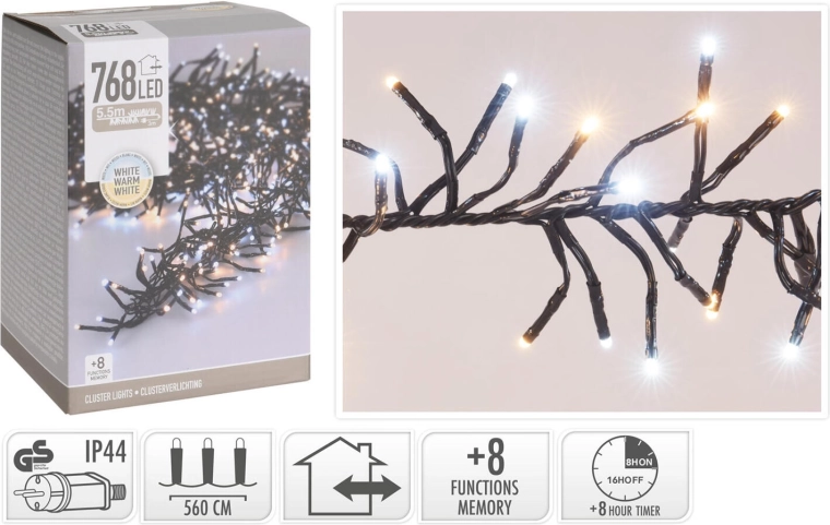 Guirlande lumineuse LED de Noël 5,6 m, 768 LED, blanc chaud, 8 fonctions, IP44, avec minuteur - 1 pièce
