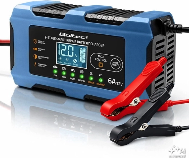 Smart car battery charger Qoltec 12 V 6 A with repair function for AGM, GEL and LiFePO4 - 1 piece