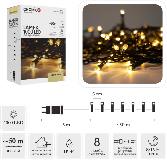Guirlande lumineuse de Noël LED 1000 LED blanc chaud 53 m (50 m + 3 m) intérieur/extérieur - 1 pièce