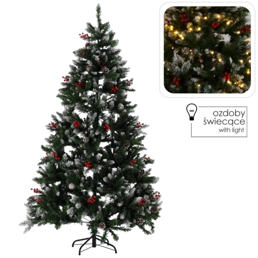 Sapin de Noël artificiel éclairé 180 cm enneigé avec baies de sorbier et pommes de pin