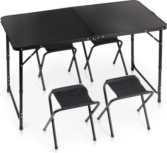 Table de camping pliante Vilde avec 4 tabourets, noire, 120 × 60 cm