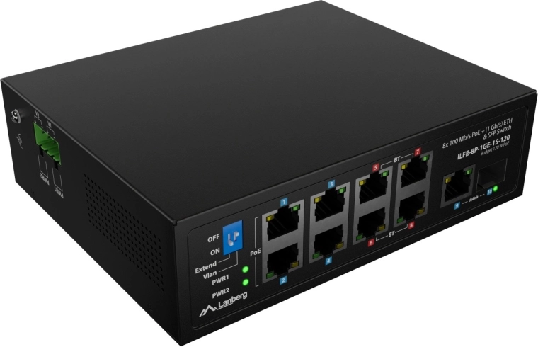 Lanberg lichte industriële PoE-switch ILFE-8P-1GE-1S-120 voor DIN-rail