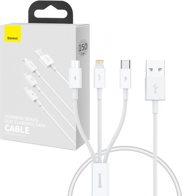 Baseus Superior multi-poort laad- en datakabel USB naar Lightning/USB‑C/Micro USB 0,5 m wit