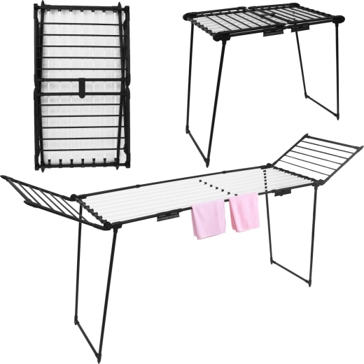 Freestanding folding clothes drying rack with fold-out wings