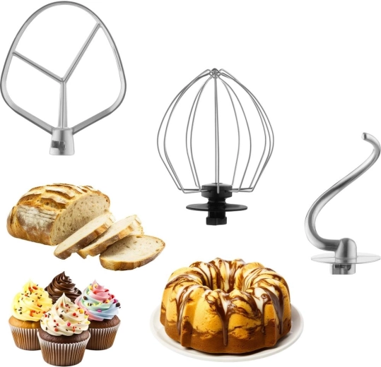 Trois accessoires pour mélanger, fouetter et pétrir