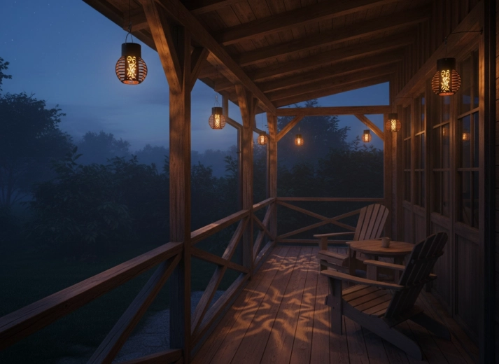 Decorative light patterns on patio and in the garden