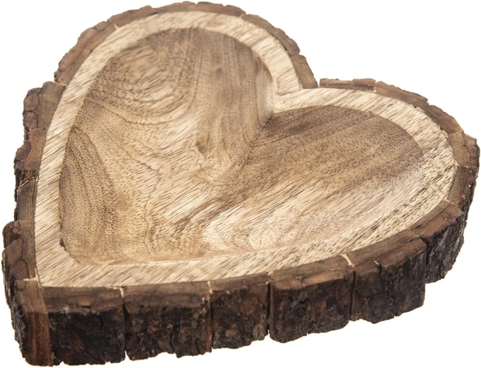 Plateau en bois de manguier avec motif cœur, décor écorce, 22 × 22 × 3 cm