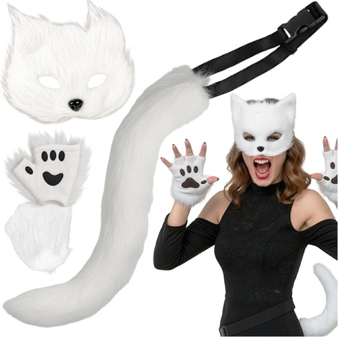 Ruhhy Katzen-/Fuchs-/Wolfkostüm (Maske, Schwanz, Pfoten) weiß - 1 Stück