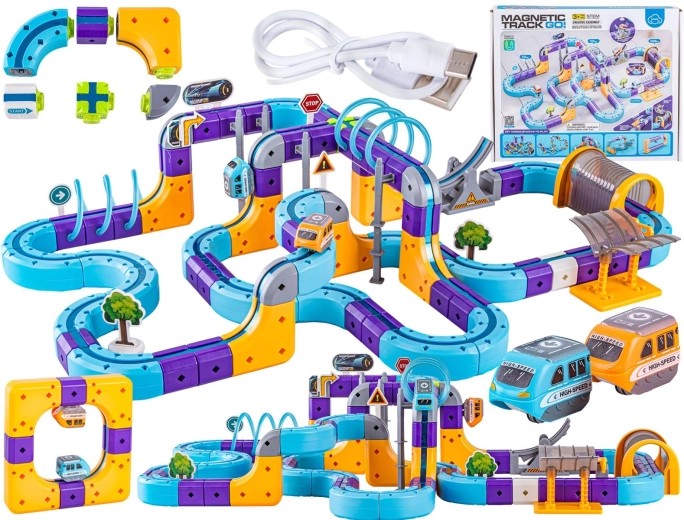 Magnetic construction set with a magnetic track for trains and cars – 128 pieces