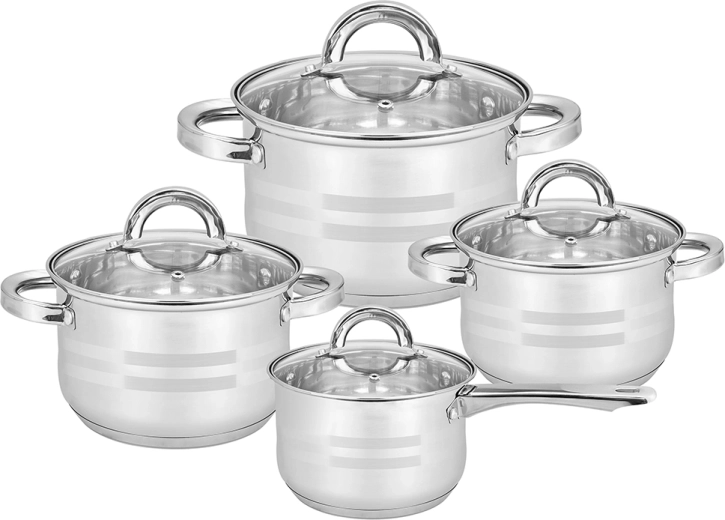 Remo stainless steel pot set, 8 pieces, with glass lids