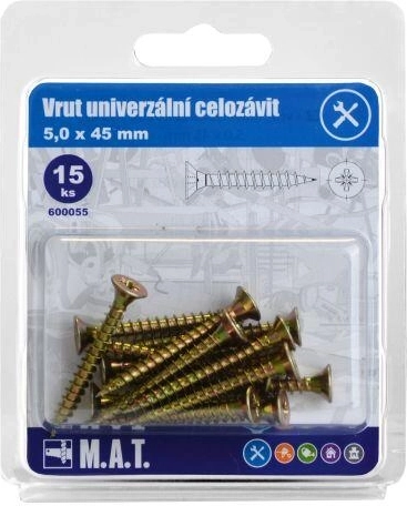 Vis universelle à filetage total 5 × 45 mm, zinguée, 15 pcs