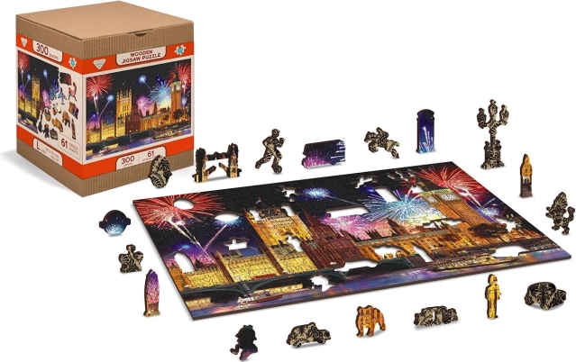 Houten puzzel Londen 's nachts met vuurwerk