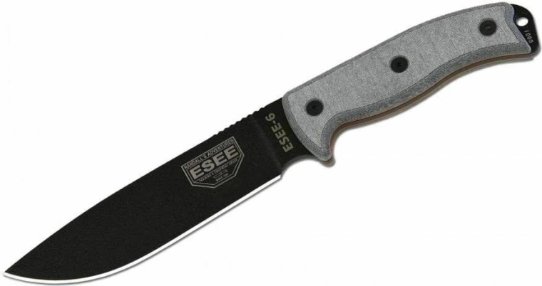 Universeel mes ESEE 6P met gladde snede, zwart/grijs, Micarta, schede